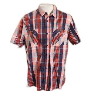 Levi's button down plaid short sleeve shirt - orange navy blue - 2 pockets - XXL